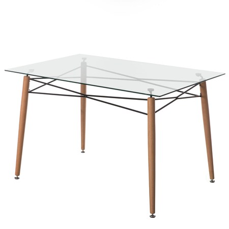 Fabulaxe Rectangle Clear Glass Top Accent Dining Table with 4 Beech Metal Frame Solid Wood Legs QI004455